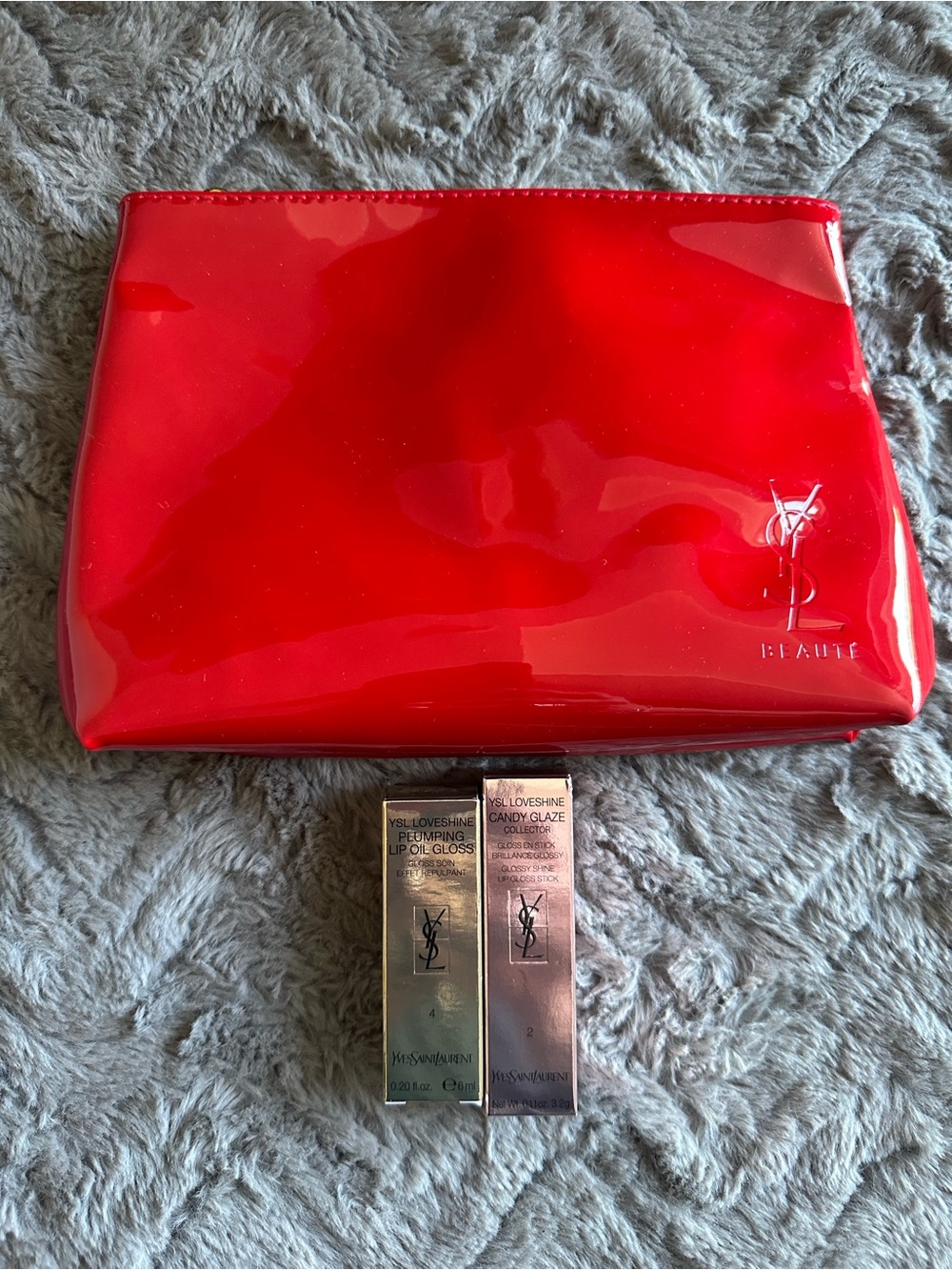 Yves Saint Laurent (YSL) Red Patent Cosmetic Pouch with 2 Full sizeLip Glosses